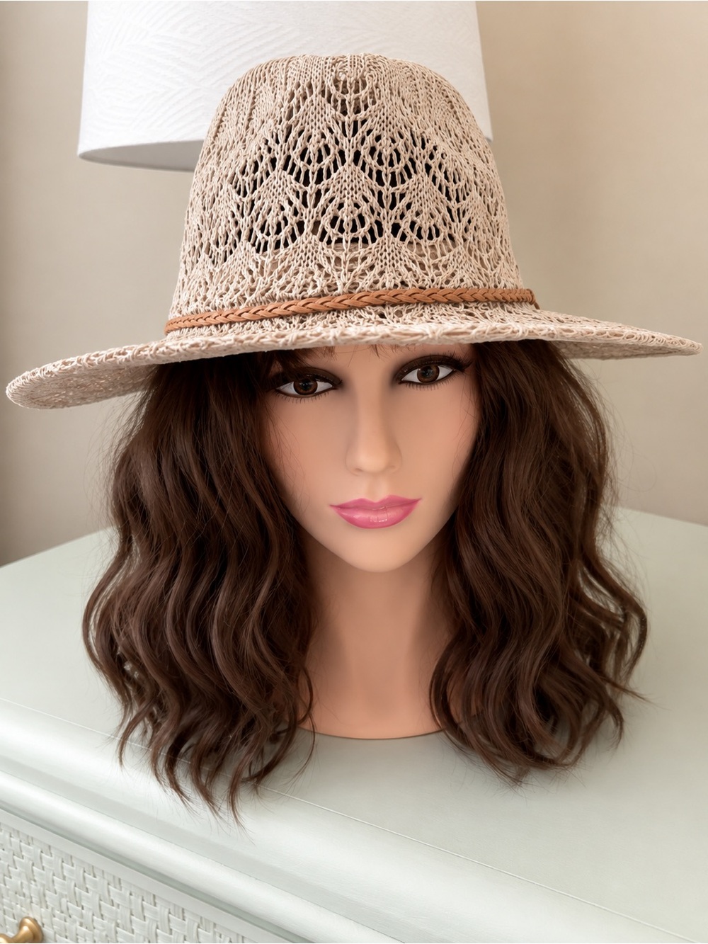 Horseshoe Lace Knit Panama Hat with Suede Cord-Taupe